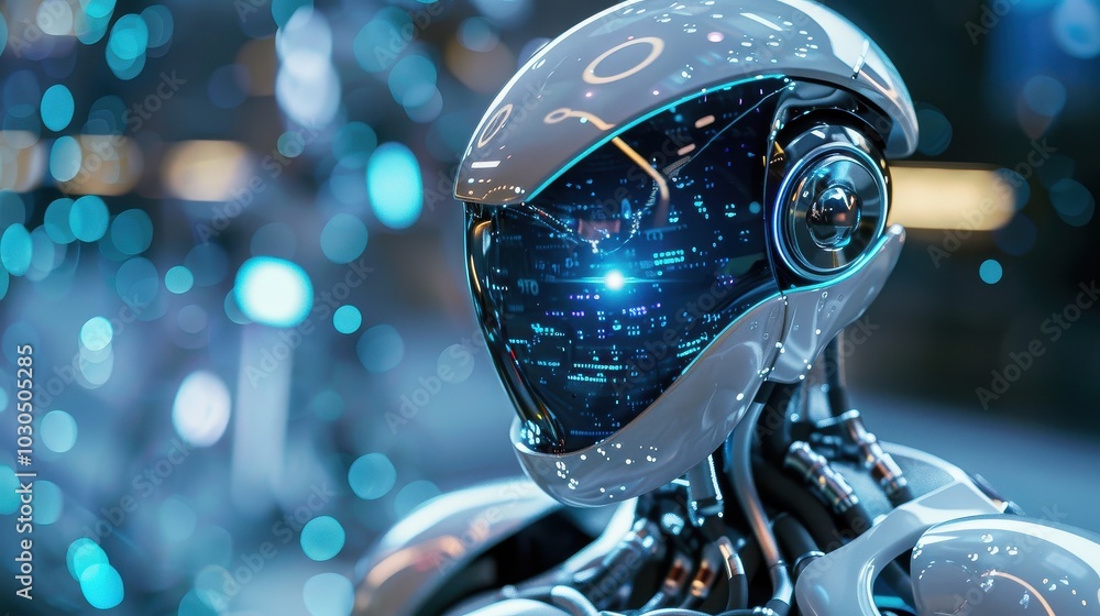 Poster 3d rendering humanoid robot head with digital hologram on blurred background
