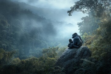 Fototapeta premium A serene moment between a gorilla and its young, overlooking a misty forest landscape.