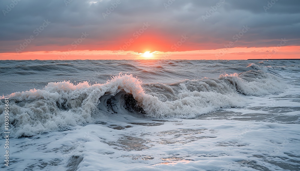 Wall mural a tidal wave crashing against the shore at sunrise, the sun s light reflecting off the powerful wate