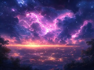 Fototapeta premium glowing lightning electrifies the night sky, casting a mesmerizing glow over the landscape, illuminating the surroundings in an enchanting display of nature's power and beauty