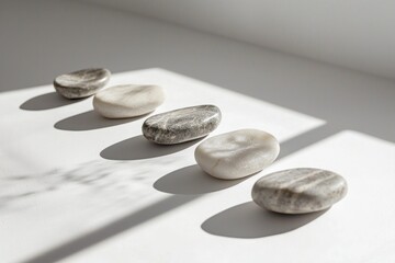 A minimalist arrangement of geometric-shaped stones on a white surface, casting soft shadows 