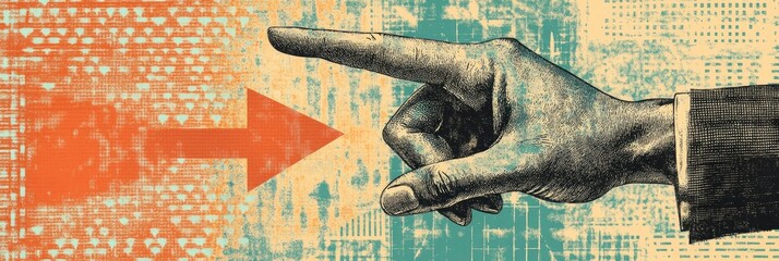 Grunge halftone collage featuring an arrow and hand. old fashioned business finance market poster.