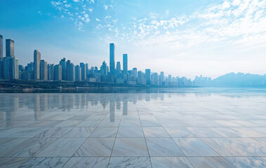 Empty marble square reflecting modern city skyline with blue sky