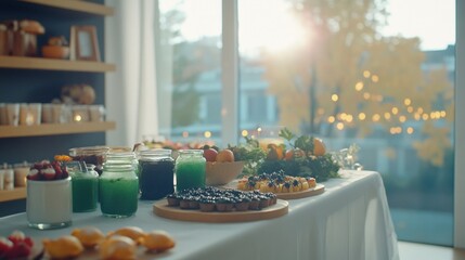 Fototapeta premium Elegant Halloween dinner party in an American penthouse spooky gourmet dishes like black truffle spider pasta