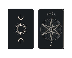 Tarot card of Major Arcana the Star. Tarot card in front and reverse side. Tarot symbolism. Mystery, astrology, esoteric. Vector illustration