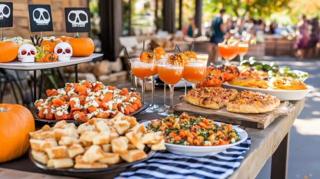 Elegant Halloween party in a modern American home a table set with gourmet spooky dishes