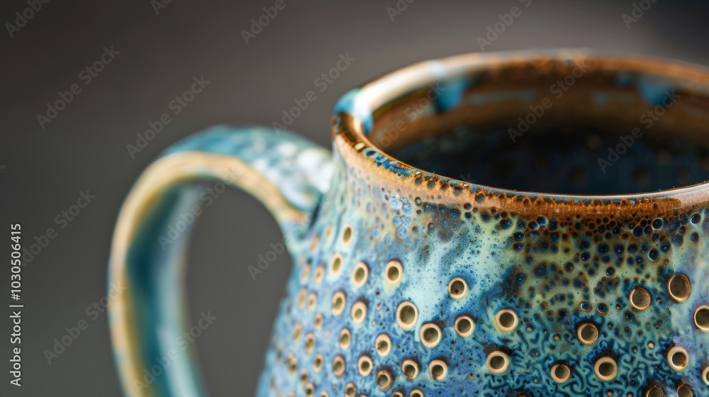 Aufkleber a closeup of a handmade mug textured with tiny raised dots and adorned with a dripping glaze in shad
