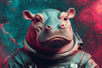 A whimsical astronaut hippo gazes into the cosmos, blending humor and imagination in a vibrant space setting.
