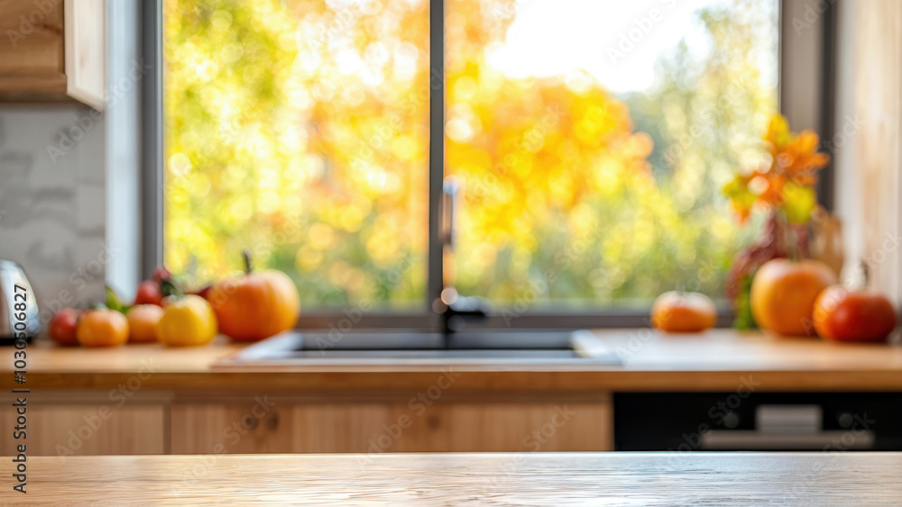 Poster wooden table showing empty kitchen with autumn window view