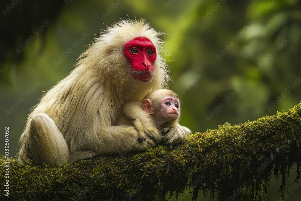 Wall mural A white monkey with a red face holds its baby on a mossy branch in a lush forest.