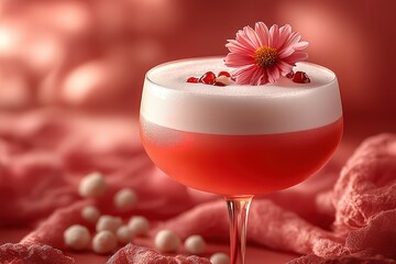 A glass of pink drink with a flower on top