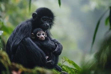 A mother monkey embraces her baby, showcasing tenderness in a lush, green environment.