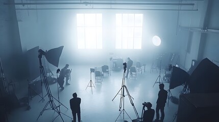 Dimly lit photography studio with silhouetted figures in a misty atmosphere.