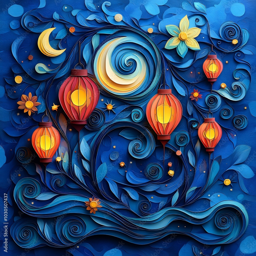 Poster bold paper cut style illustration with vibrant lanterns arranged in a swirling pattern surrounded by