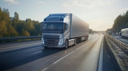 A concept of a self-driving delivery truck on a highway, logistics, dynamic and dramatic compositions. Background for business
