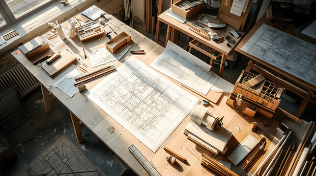 Architect workspace design creativity blueprints drafting planning on wooden table with tools pencils ruler lamp sketches paper stationery documents indoor modern office home furniture setup studio