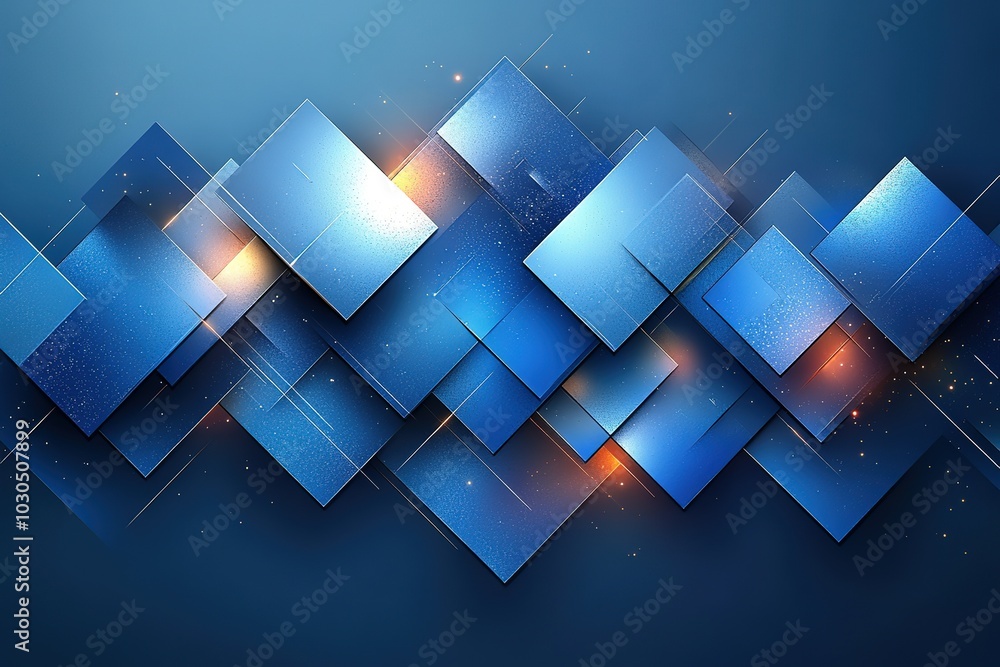 Poster a blue background with squares of different sizes and colors