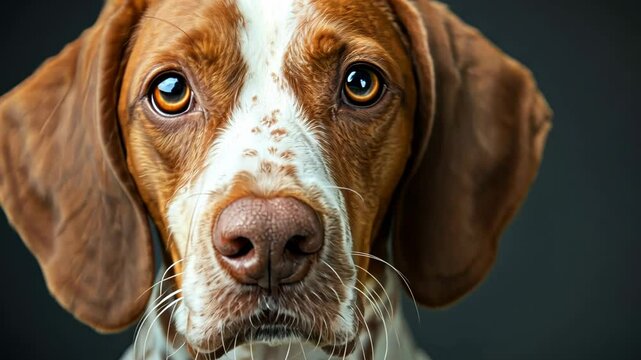 A brown and white dog with floppy ears stares intently at the camera