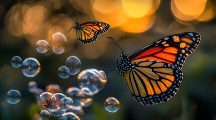 Two vibrant Monarch butterflies fluttering near shimmering soap bubbles at sunset.