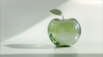 A glass apple with a green stem and leaf sits on a white surface, casting a shadow.