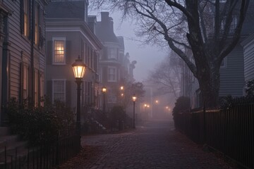 A foggy street scene at dusk with vintage street lamps illuminating quiet homes.