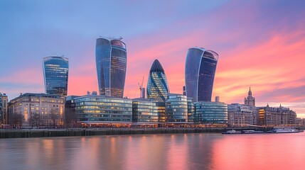 Naklejka premium Modern city skyline at sunset, showcasing stunning architecture by the river.