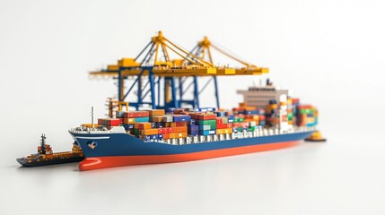 Cargo logistics scene with a freight ship at port on a white background