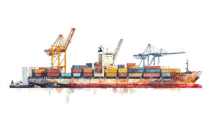 Fototapeta premium Cargo logistics scene with a freight ship at port on a white background