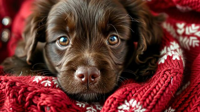 A brown puppy looks up with big, curious eyes while nestled in a red knitted blanket with a snowflake pattern