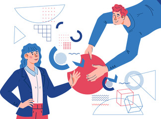 Collaboration and cooperation concept with business persons work together to achieve goal. Business teamwork and interactions in company, partnership.