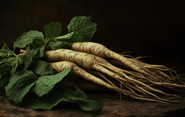 Ginseng roots and slices on rectangle wooden plate on natural background with green moss, leaves and twig. 