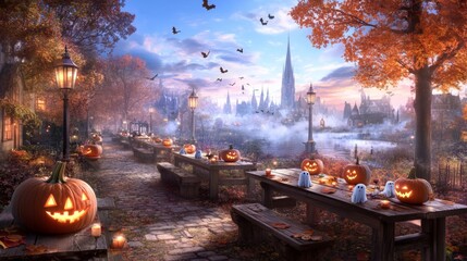 Halloween dinner in a spooky American forest long wooden tables with jack-o-lantern centerpieces