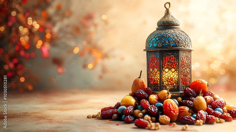 Poster bright and cheerful ramadan image with a multicolored lantern and a pile of dates set on a smooth li