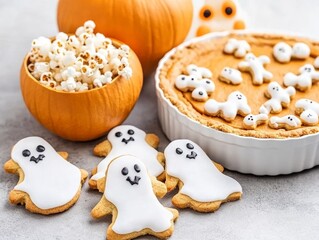 Fototapeta premium Halloween feast in a cozy American kitchen large pumpkin pie