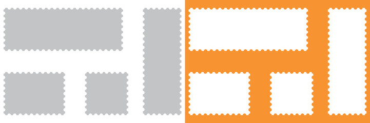 Postage stamp frames. Empty frames collection in different shapes. Vector illustration isolated gray and orange color.