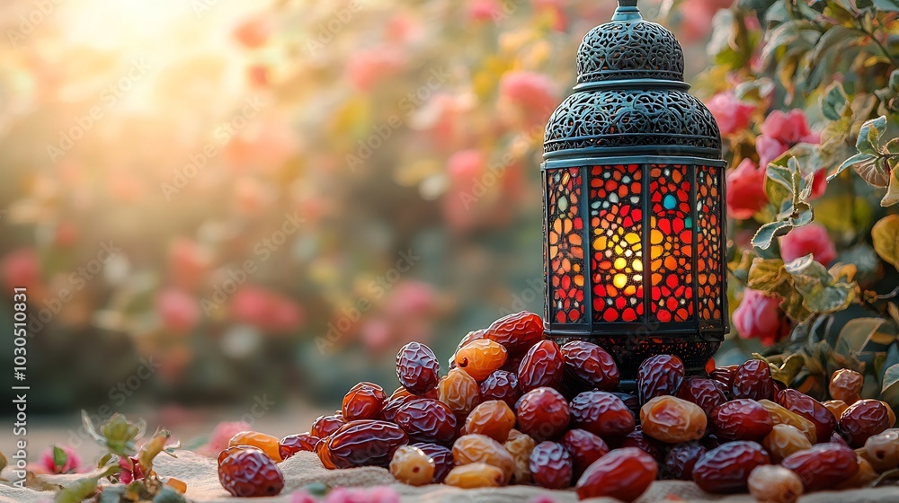 Poster bright and cheerful ramadan image with a multicolored lantern and a pile of dates set on a smooth li