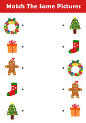 Christmas activity sheet. Find same picture worksheet for kids. Worksheet for kids kindergarten, preschool and school age. Education game for children with cute christmas illustration. 