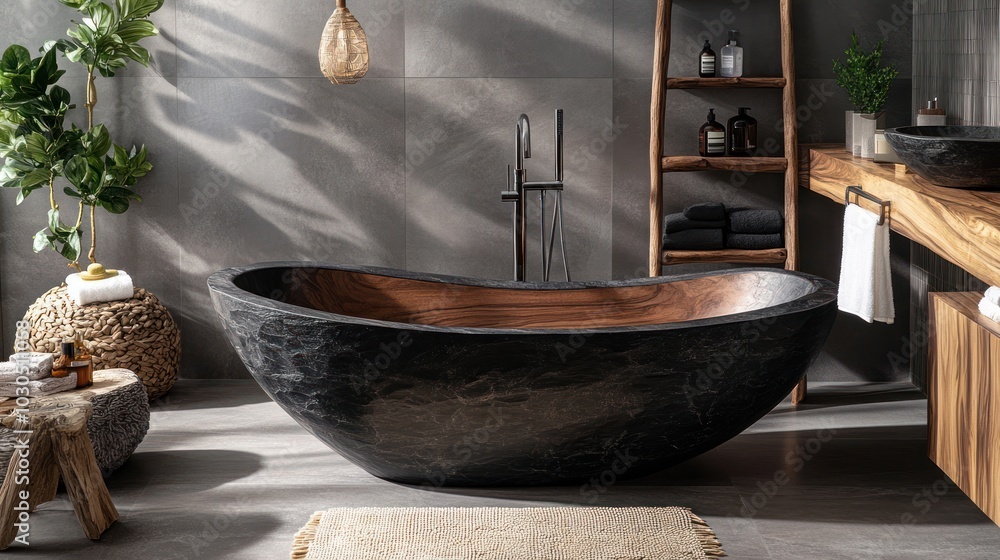 Wall mural A modern bathroom featuring a sleek stone bathtub and natural decor elements.