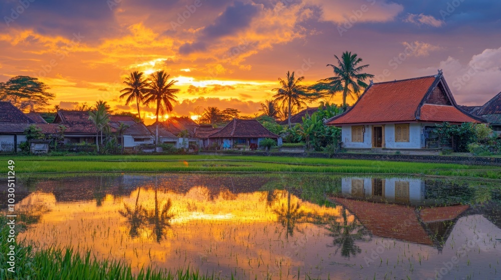 Sticker Serene sunset over rice fields and traditional houses, reflecting a peaceful rural landscape.