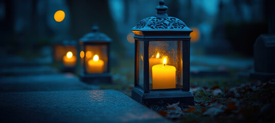 Lanterns with Burning Candles on the Cemetery Ground