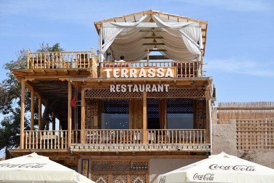 Khiva, Uzbekistan - Sept 15, 2024: The most popular and famous restaurant in Ichan Kala Terrassa, ancient inner town of the old city Khiva.