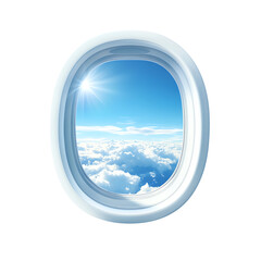 Airplane window view with bright sky and fluffy clouds. transparent background