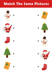 Christmas activity sheet. Find same picture worksheet for kids. Worksheet for kids kindergarten, preschool and school age. Education game for children with cute christmas illustration. 