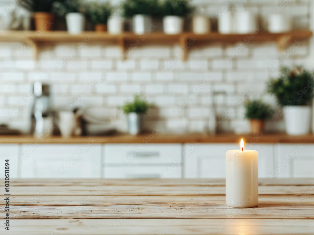 Poster single white candle burning on an empty wooden table in a bright kitchen, creating a warm and inviti