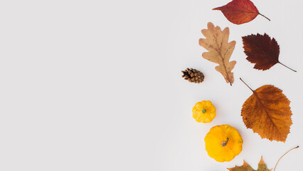 Autumn holiday frame composition with pattern made of leaf, punpkins, dried orange, pine cone on...
