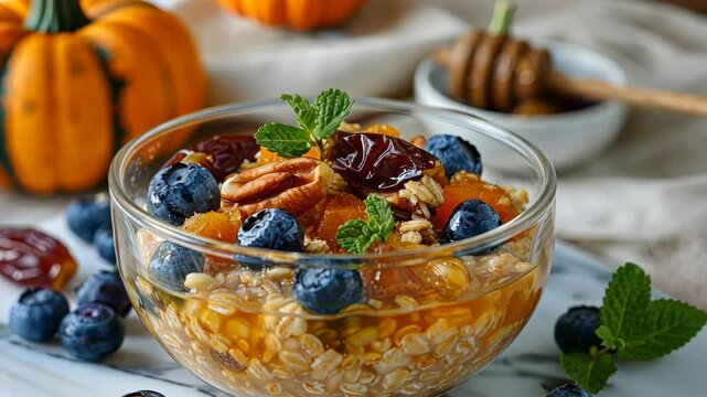A bowl of oatmeal topped with blueberries, dried dates, pumpkin, pecans, and a sprig of mint