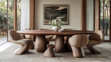 Modern dining area featuring a unique wooden table and stylish chairs with floral centerpiece.