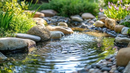 A serene garden stream surrounded by smooth stones and lush greenery.