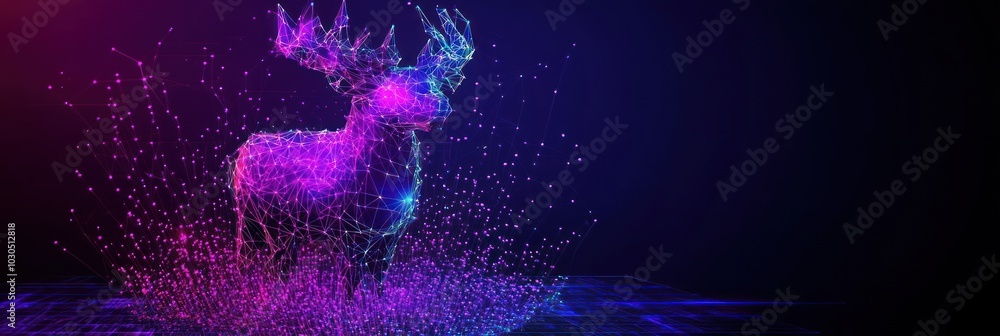Poster a digital representation of a deer made of colorful particles in a dark environment.