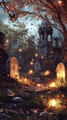 Enchanted Graveyard at Dusk with Glowing Lights